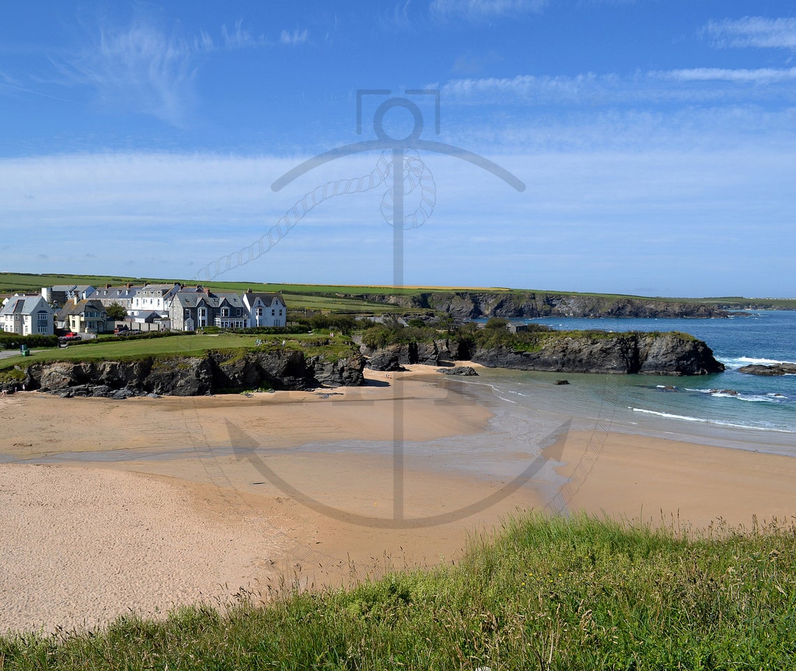 Trevone Bay Cornwall Beach Clifftop Houses Summer View Poster - Image 3