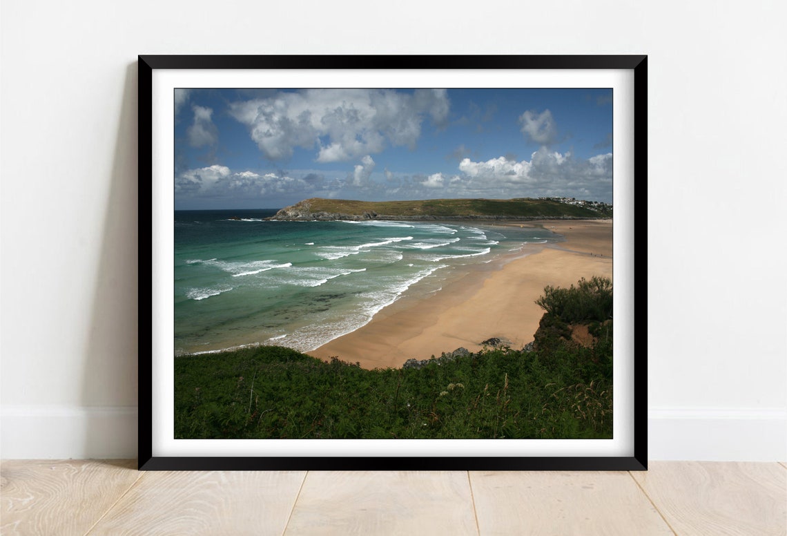 Crantock Beach Cornwall Surf Waves Green Headland View Poster
