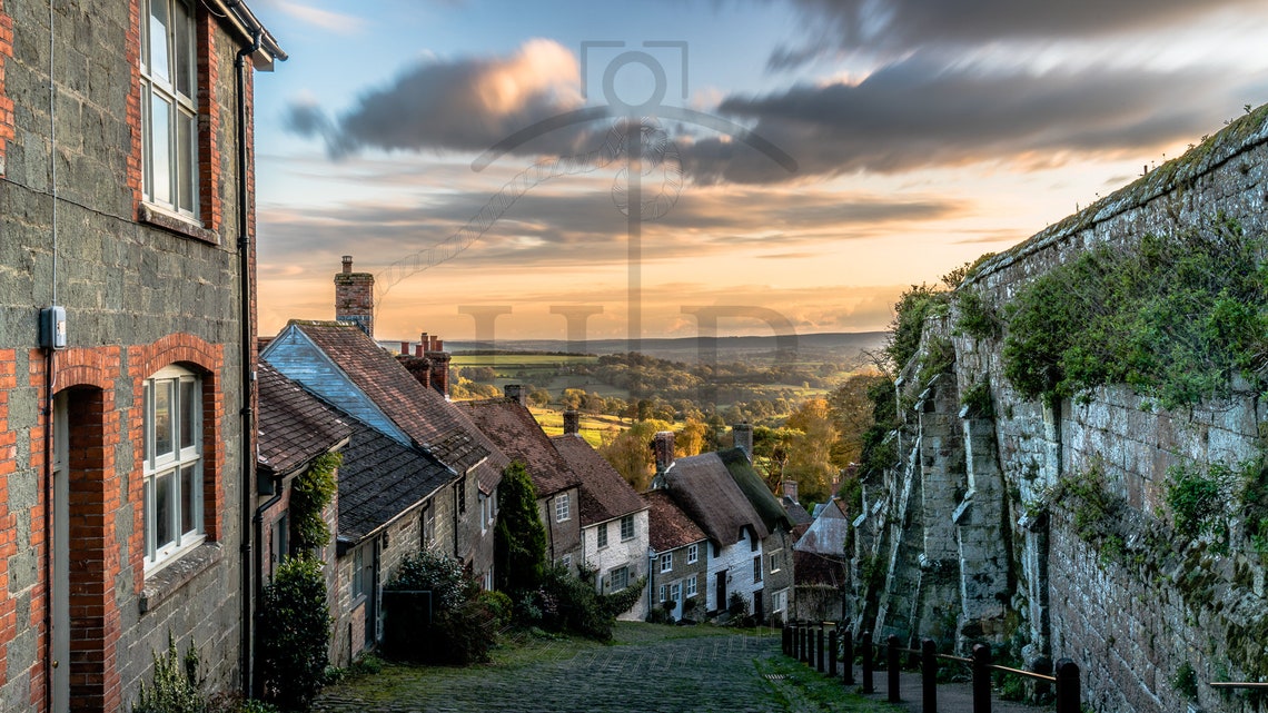 Gold Hill Shaftesbury Dorset Cobbled Street Sunset View Poster - Image 3