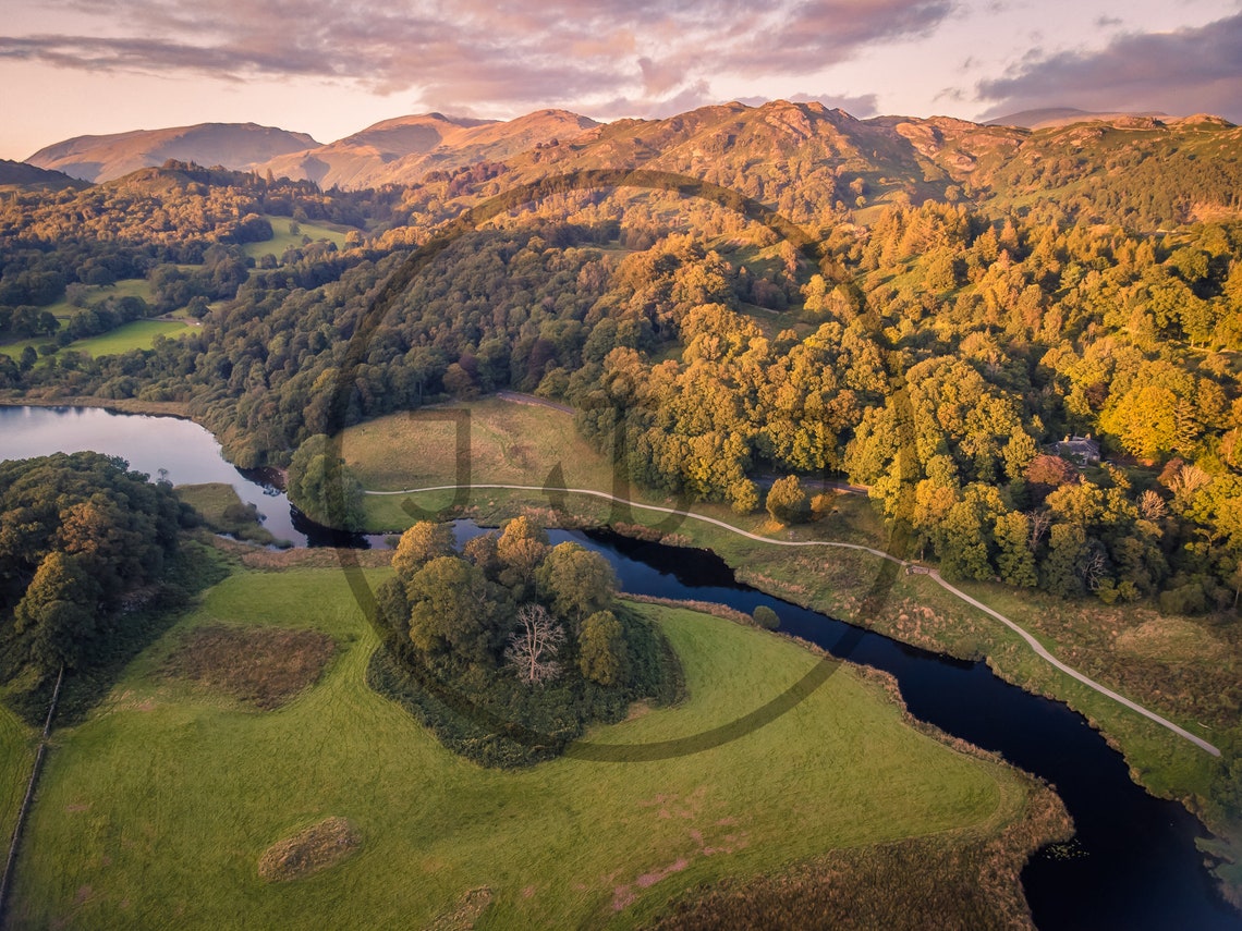 Elterwater Lake District Valley At Golden Sunset Aerial View Poster - Image 3