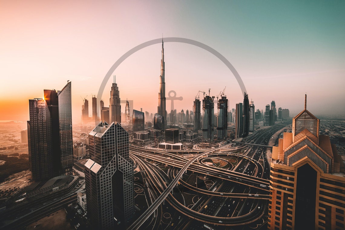 Dubai Skyline Sunset with Burj Khalifa and Highway Lights Poster - Image 3