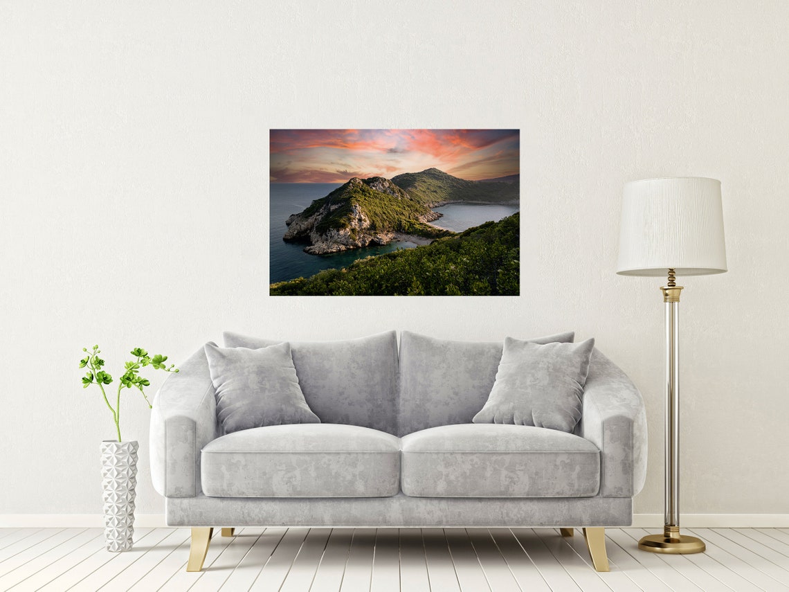 Corfu Greece Sunset Sea with Green Headland Pink Clouds Poster - Image 2
