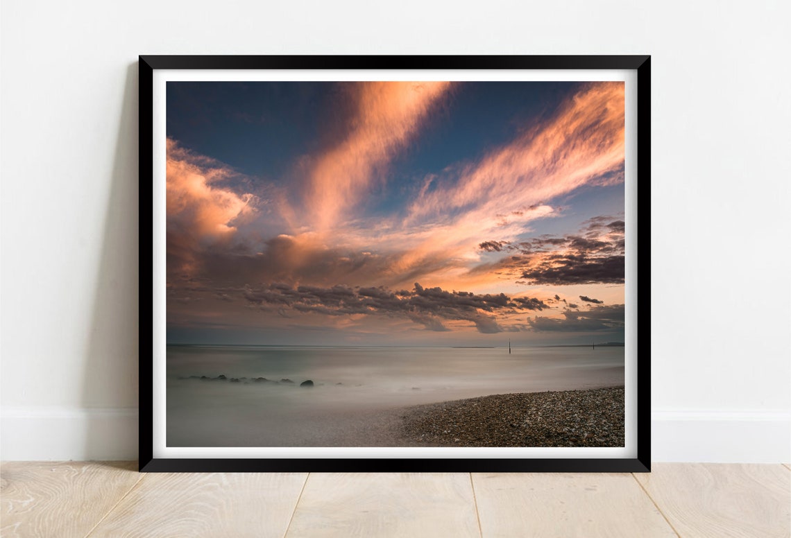 Pagham Beach Sunset with Dramatic Clouds and Shingle Shore Poster