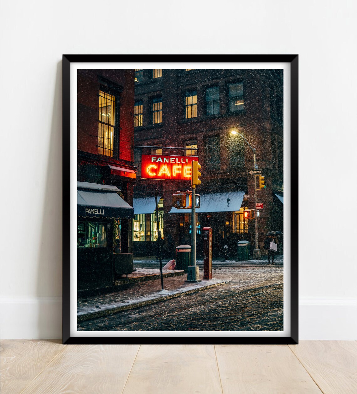 Fanelli Cafe Neon Sign In Snowy New York Night Street Poster