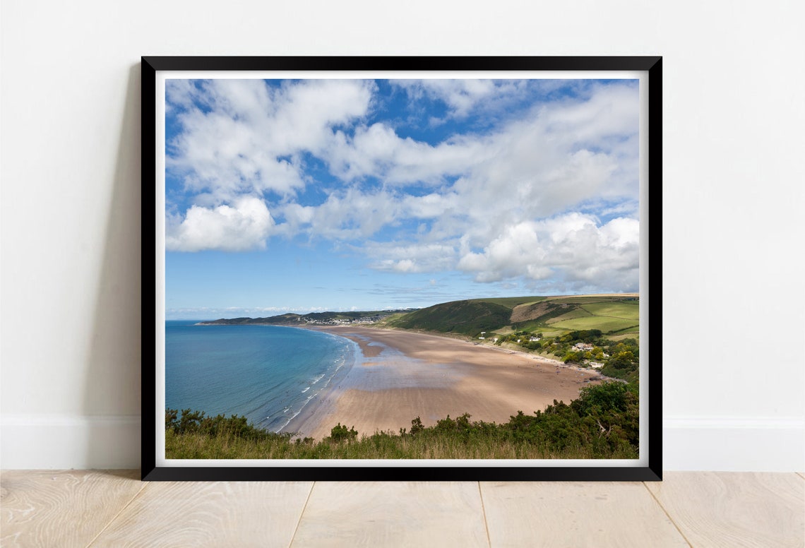 Putsborough Beach Devon Wide Sandy Bay Green Hills Clouds Poster