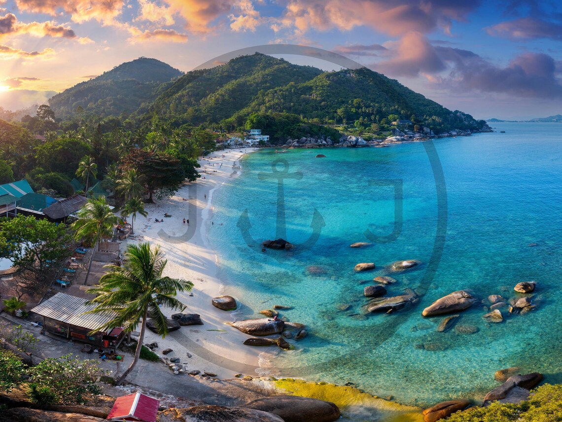 Tropical Island Cove Sunset Palms Turquoise Water Boulders Poster - Image 3