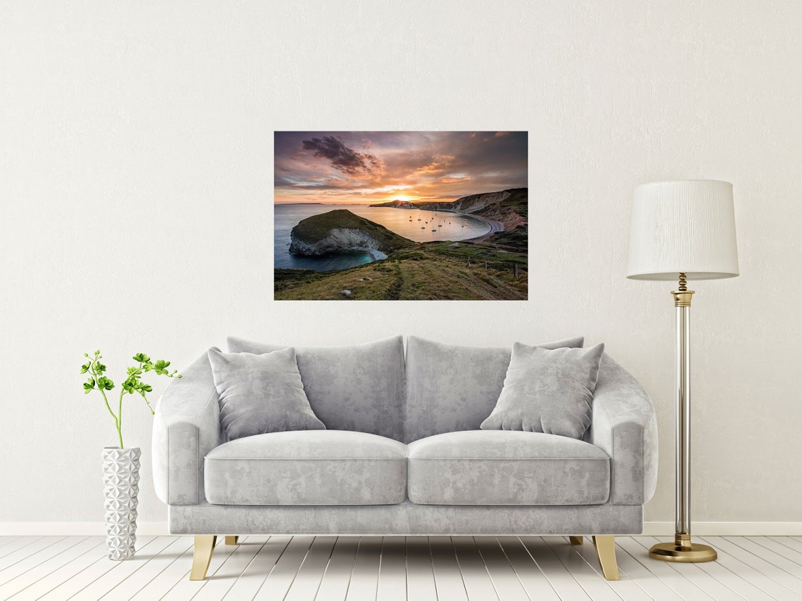 Worbarrow Bay Sunset Sailboats In Sheltered Cove Dorset Poster - Image 2