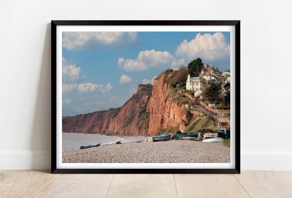 Budleigh Salterton Devon Red Cliffs Shingle Beach Boats Poster