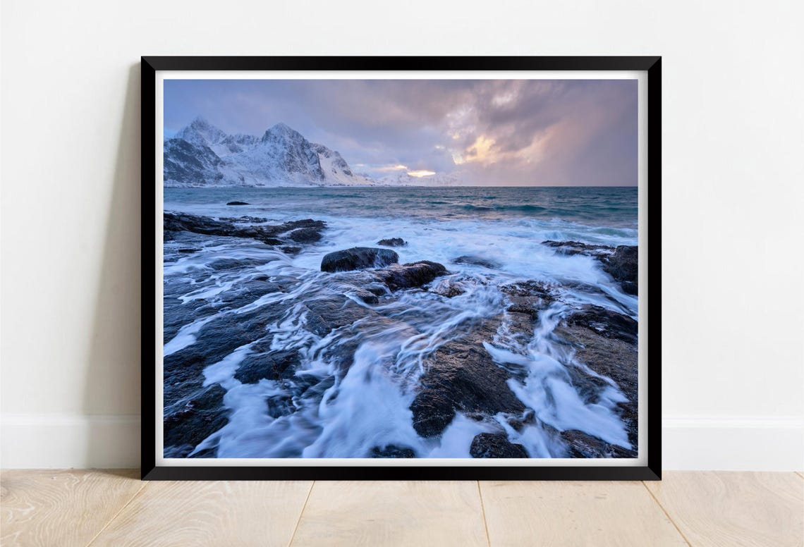Snowy Peaks Above Rocky Arctic Coast Waves Dusk Light Poster