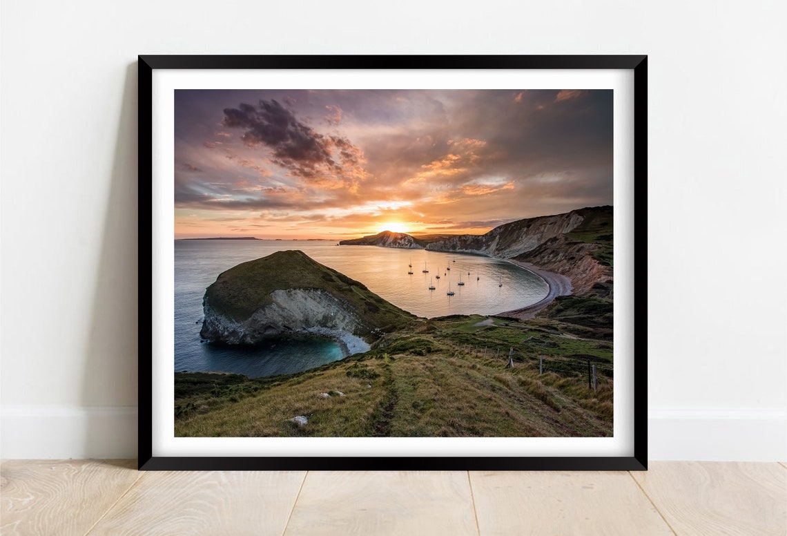 Worbarrow Bay Sunset Sailboats In Sheltered Cove Dorset Poster