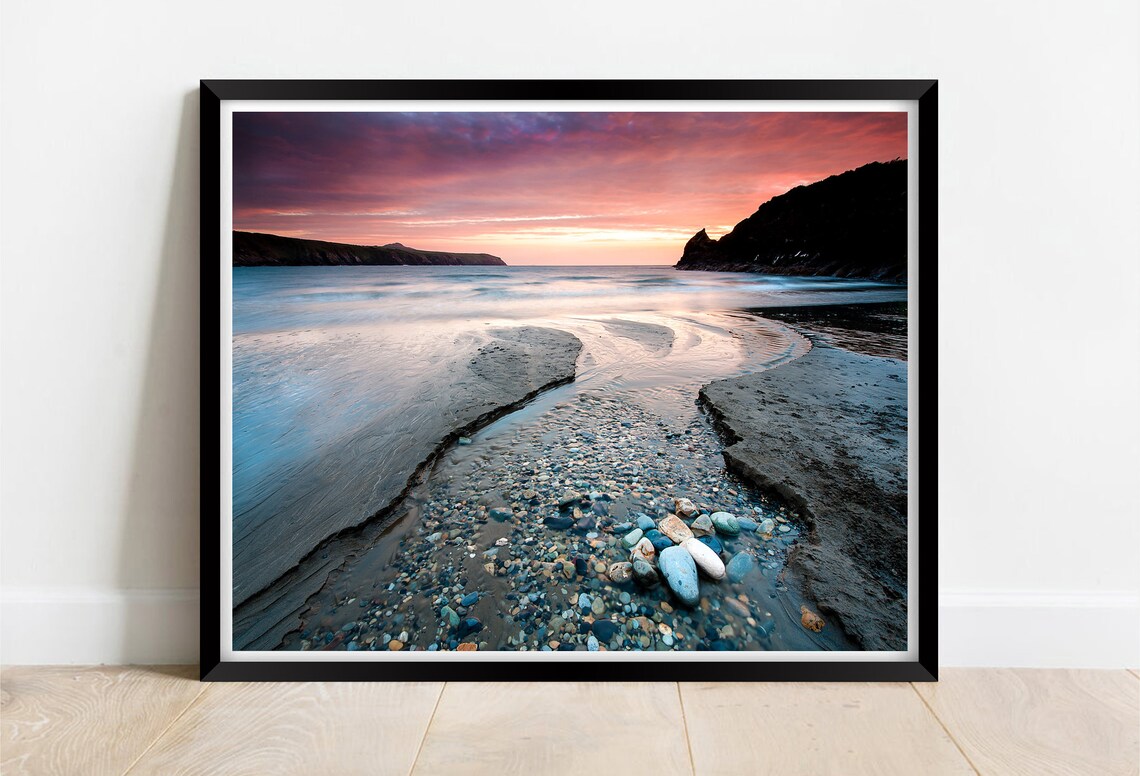 Abereiddy Beach Pembrokeshire Wales Sunset Pebble Stream Print