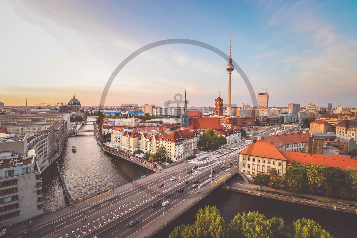 Berlin Germany Sunset City Skyline TV Tower River Aerial Poster - Image 3