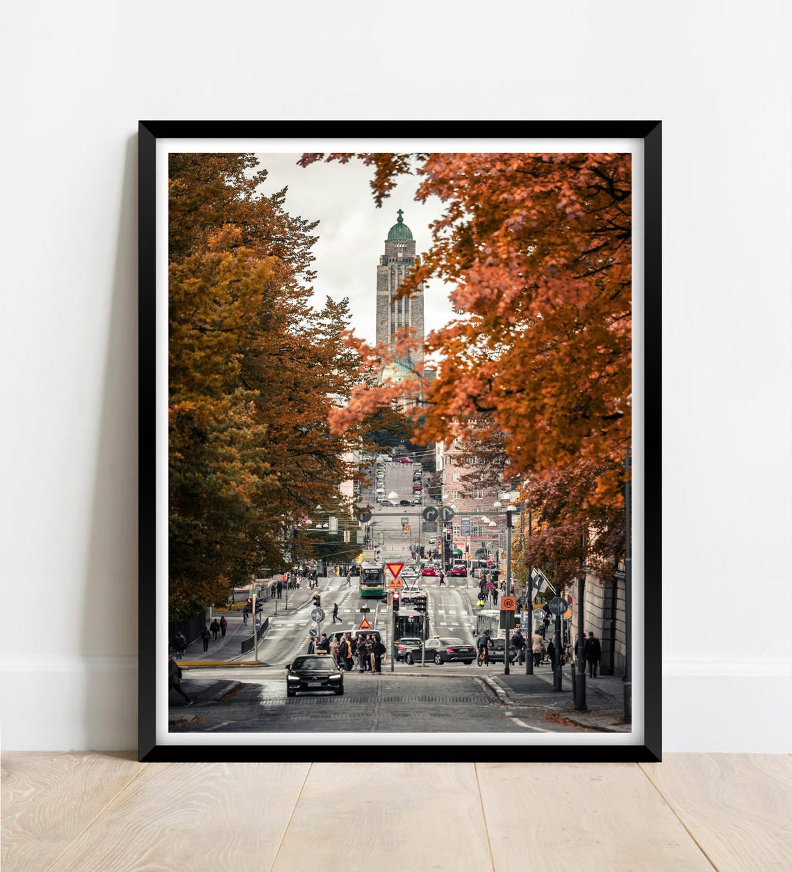 Autumn City Street Orange Trees Historic Tower Fall Colors Poster