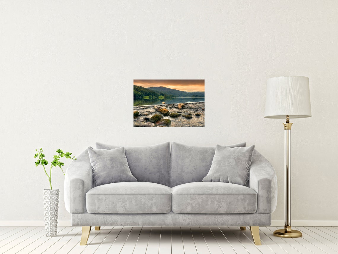 Grasmere Lake District Fells Sunset Reflections Rocky Shore Poster - Image 2