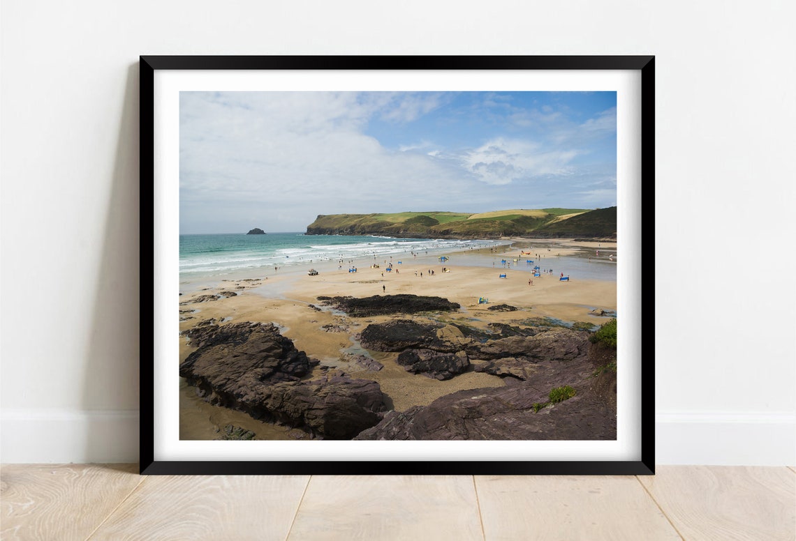 Polzeath Beach North Cornwall Surfers Sandy Bay Rocks View Poster