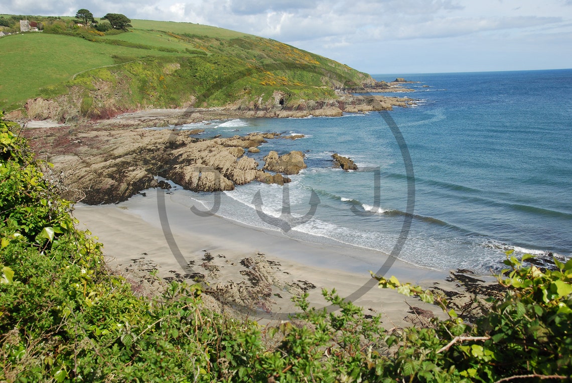 Talland Bay Cornwall Rocky Cove Sandy Shore Green Cliffs Poster - Image 3