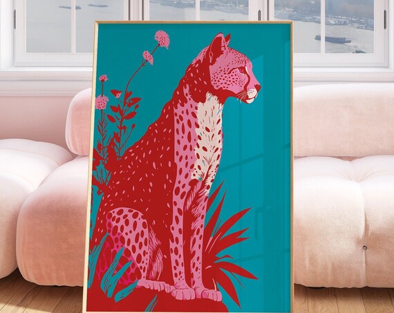Red Pink Cheetah On Teal Bold Modern Big Cat Wildlife Poster