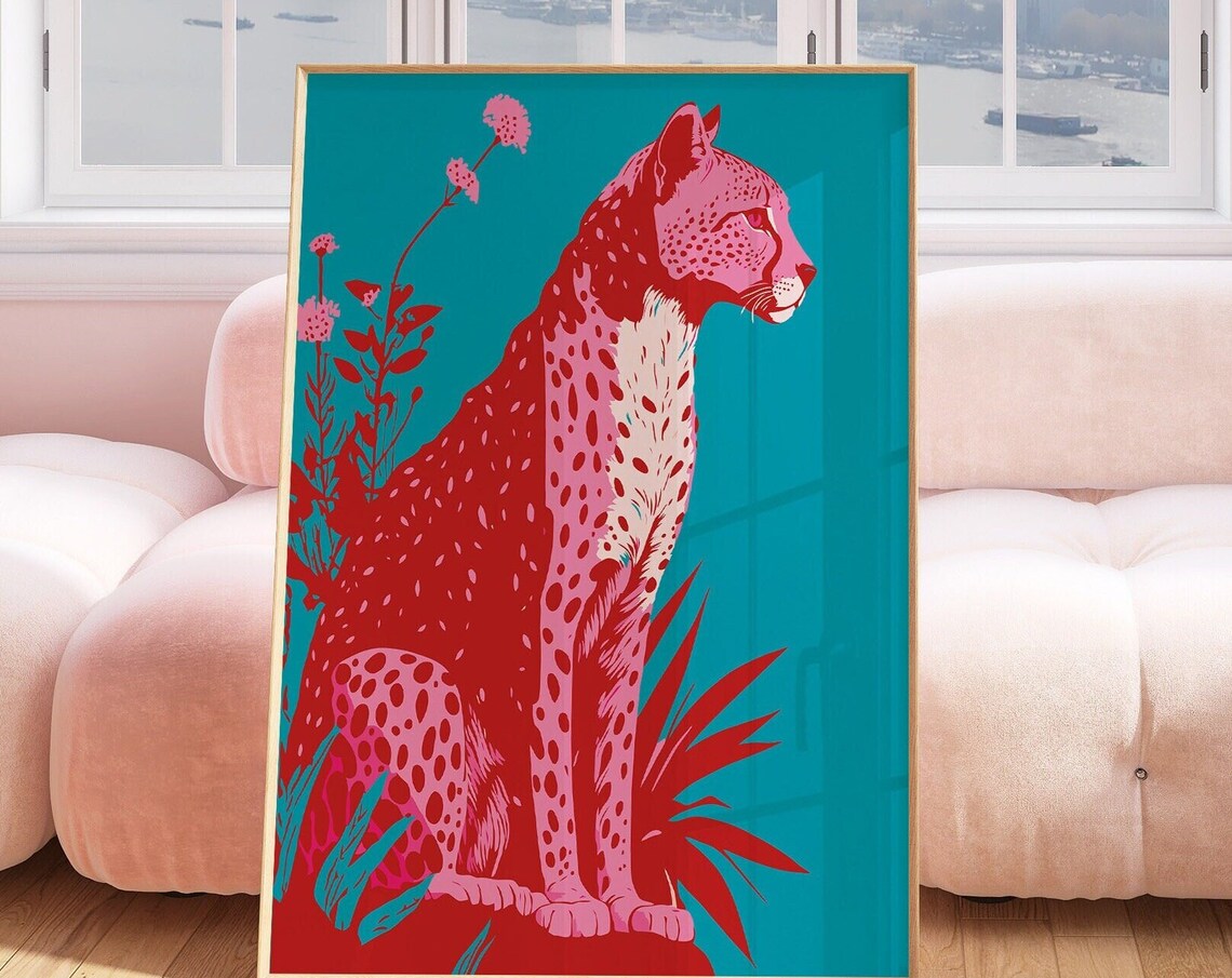 Red Pink Cheetah On Teal Bold Modern Big Cat Wildlife Poster