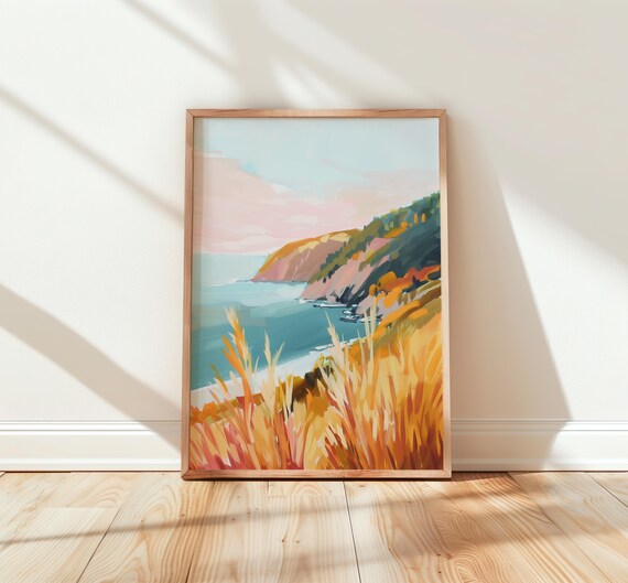 Teal Ocean Cliffs with Golden Grass at Sunset Coastal Painting Poster