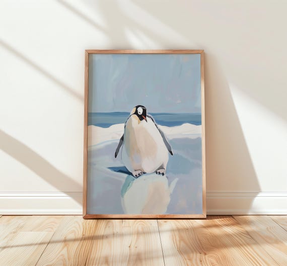 Cute Baby Penguin Watercolor Art Blue Gray Palette Winter Animal Wall Decor Nursery Playful Arctic Scene 305