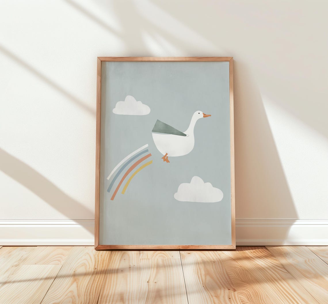 Cute Flying Goose With Rainbow Trail Clouds Kids Nursery Poster