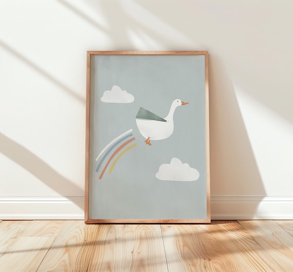 Cute Flying Goose With Rainbow Trail Clouds Kids Nursery Poster