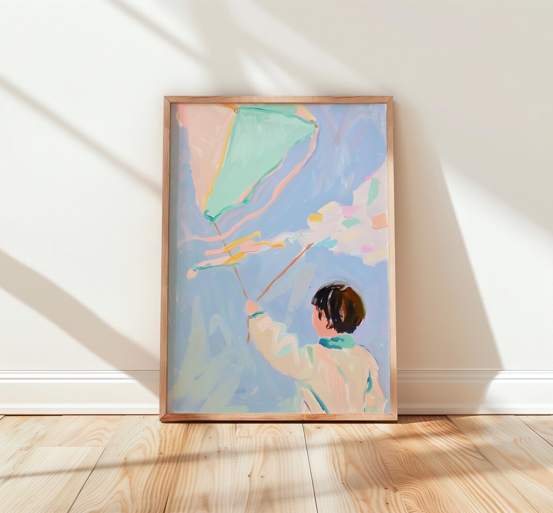 Child Flying Kite Pastel Sky Dreamy Nursery Watercolor Art Poster