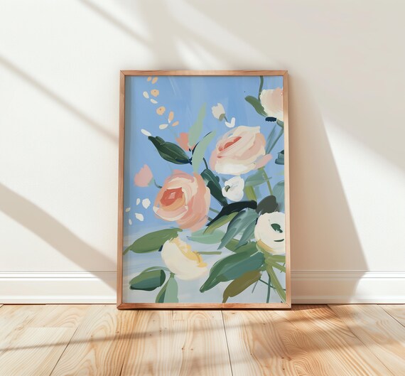 Delicate Blush Pink Roses Blooming Across Sky Blue Floral Poster