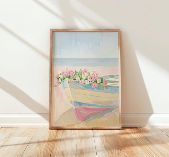 Nautical Boho Wall Art Watercolor Rowboat With Floral Garland Dusty Pink And Beige Beach Decor Coastal Nursery 237