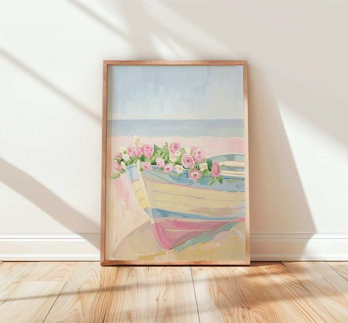 Pastel Flower Boat Pink Roses Beach Coastal Floral Art Poster