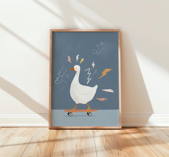 Whimsical Goose On Skateboard Art Quirky Nursery Wall Decor Fun Animal Poster Rocket Boosted Illustration Kids Room 89