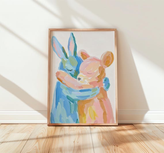 Dreamy Pastel Nursery Art Bunny And Bear Hug Soft Watercolor Palette Whimsical Baby Room Decor Cute Animal Wall 251