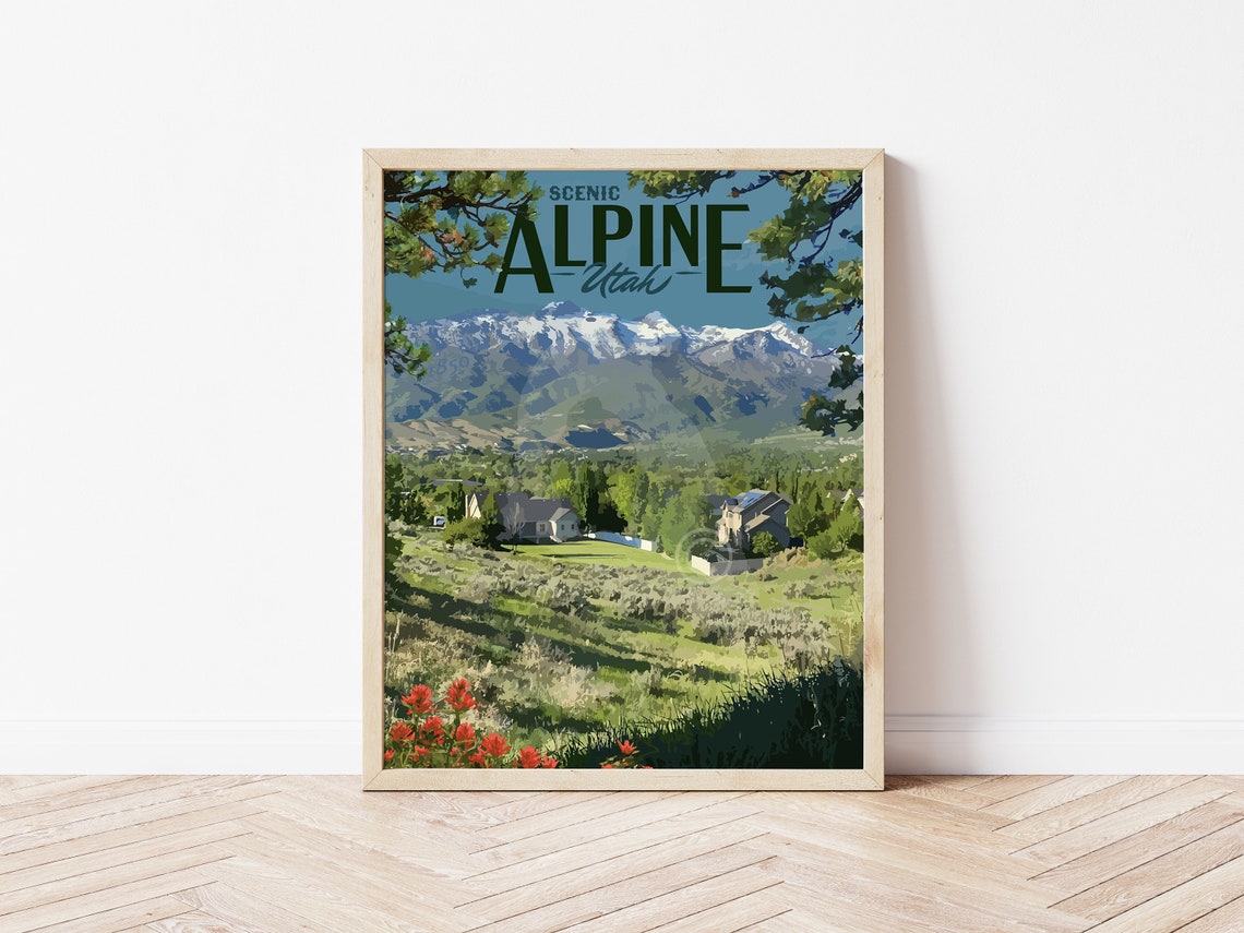Alpine Utah Snow Capped Lone Peak Mountain Valley Travel Poster