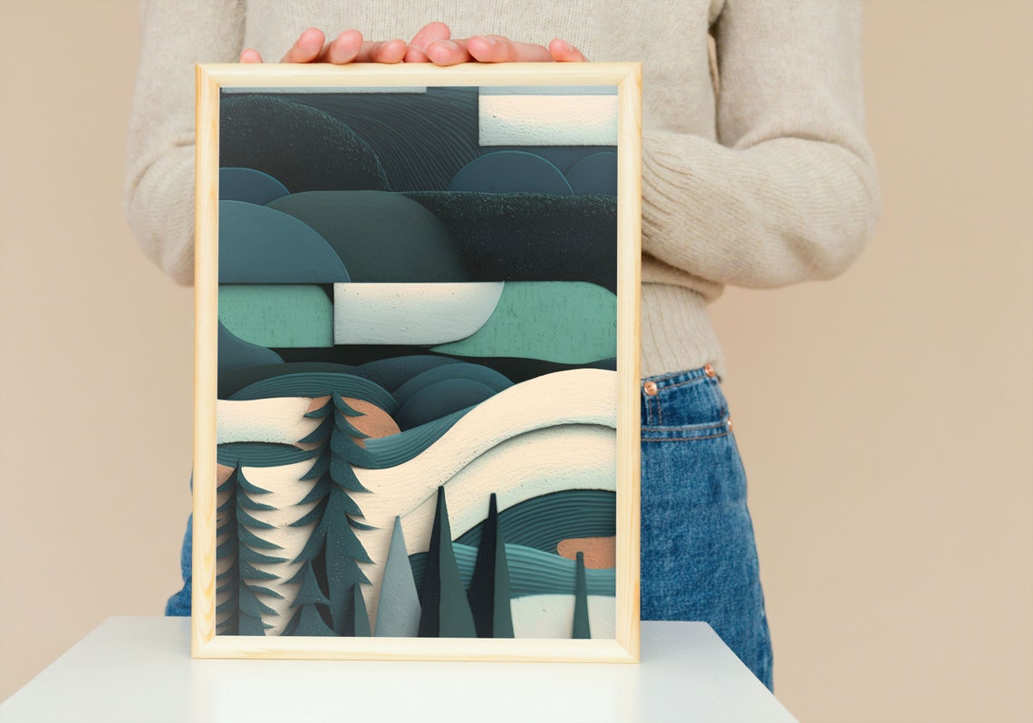 Abstract Night Pine Forest Stars Teal Layered Modern Art Poster - Image 5
