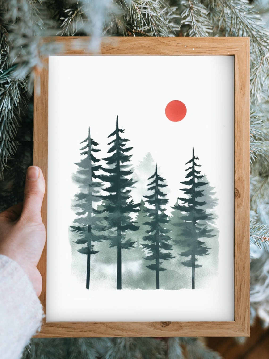 Watercolor Pine Trees Red Sun Evergreen Forest Minimalist Art Poster - Image 4