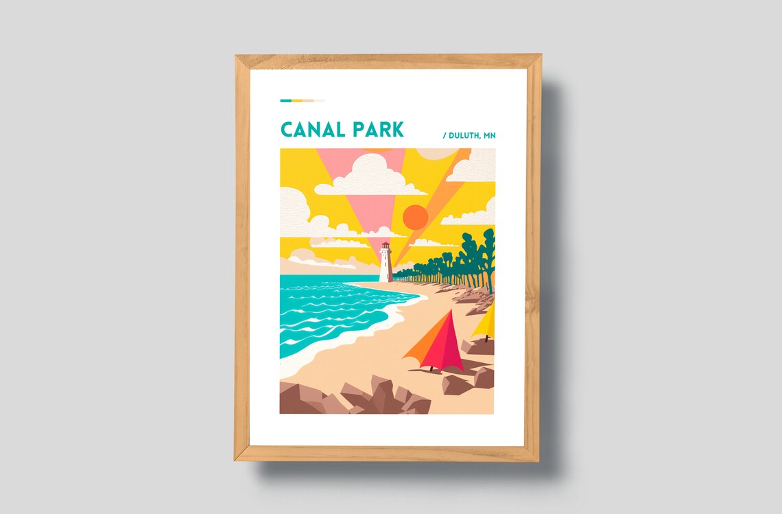 Canal Park Duluth Minnesota Vintage Beach Lighthouse Travel Poster