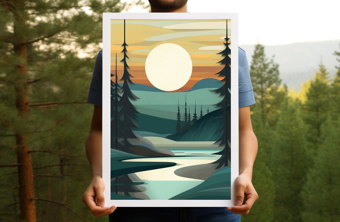 Vintage River Print, Rustic Cabin Nature Art - Image 4