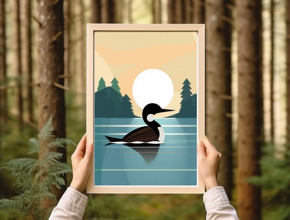 Minimalistic Loon Art Print, Vintage Lake House Decor