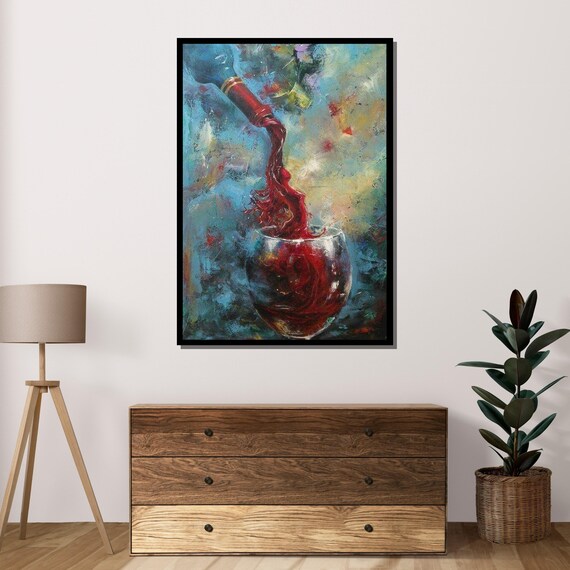 Red Wine Pour Bottle To Glass Abstract Vibrant Kitchen Art Wall Poster