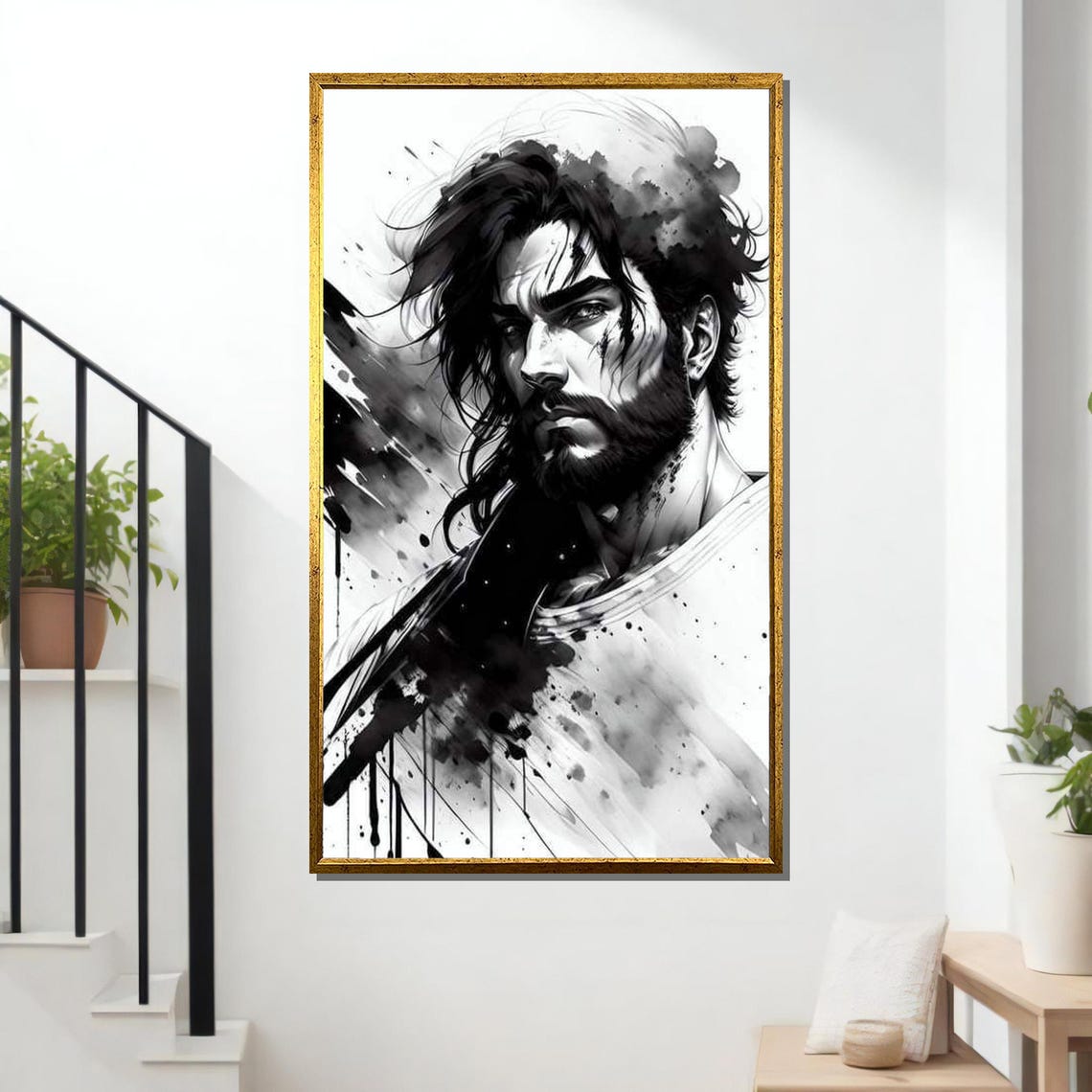 Intense Warrior Portrait Art Black And White Bold Male Figure Print Dramatic Wall Decor Ready To Hang Artwork - Image 2