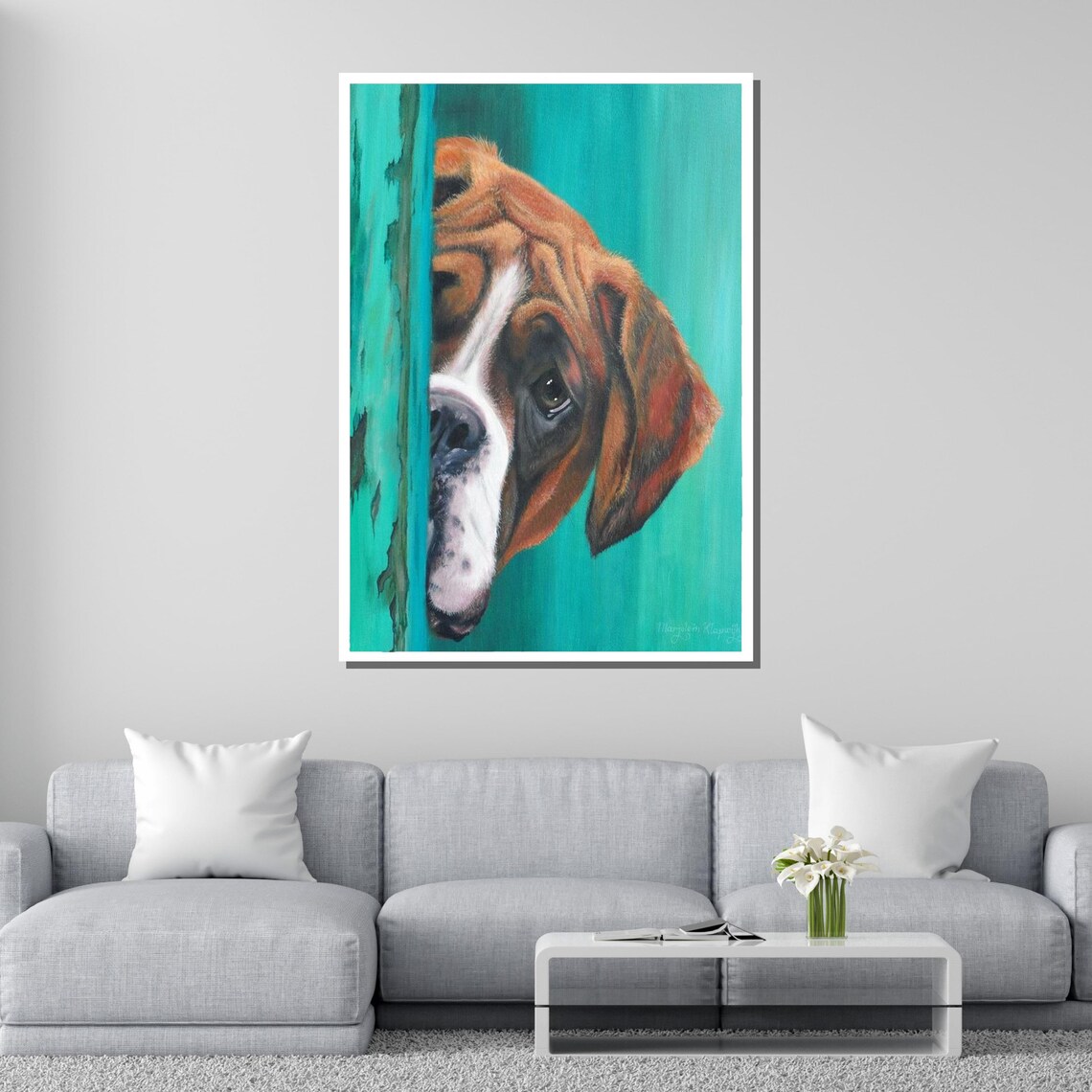 Curious Boxer Dog Peeking Around Door Playful Pet Portrait Art Poster - Image 2