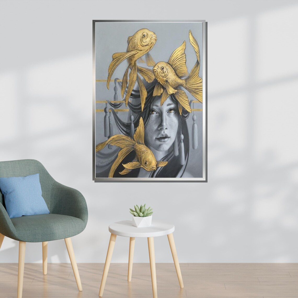 Golden Fish Dreamscape Art Surreal Portrait Wall Decor Ready To Hang - Image 3