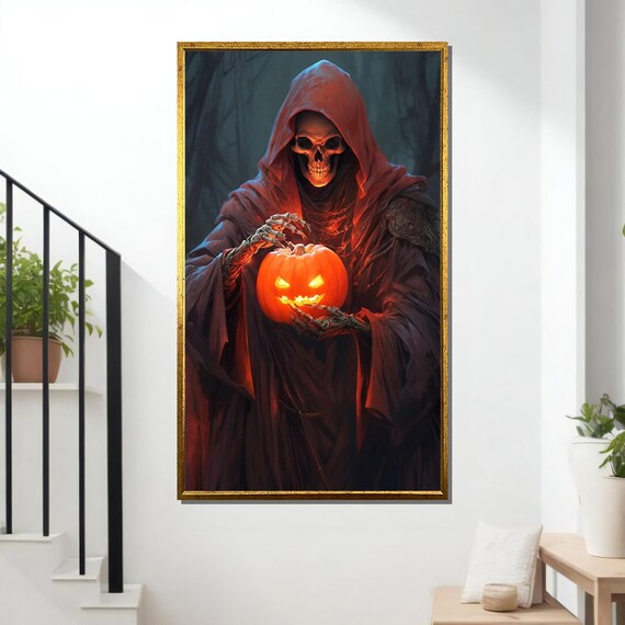 Grim Reaper Holding Glowing Jack O Lantern Pumpkin Halloween Gothic Horror Poster