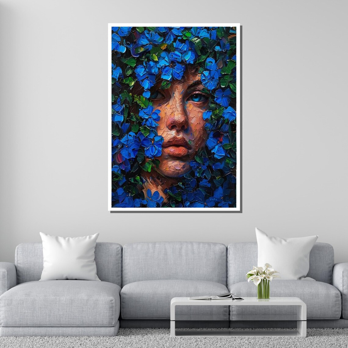 Blue Blossom Girl Floral Portrait Impasto Flower Face Painting Poster - Image 2