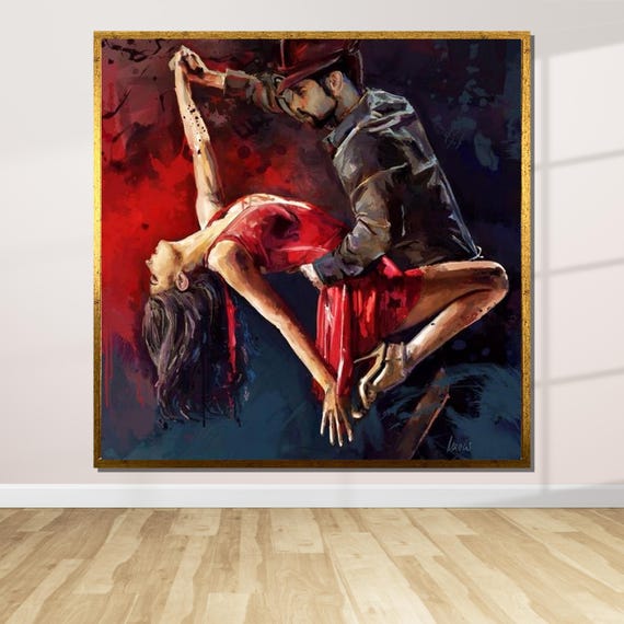 Passionate Dance Sensual Couple Wall Art Red Dress Dance Painting Romantic Wall Art Ready To Hang