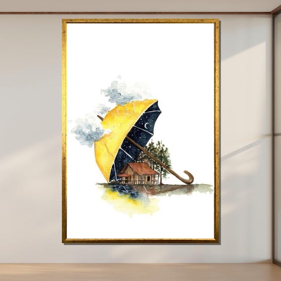Whimsical Umbrella Cottage Art Night Sky Watercolor Print Cozy Cabin Illustration Dreamy Landscape Wall Art Ready To Hang Decor