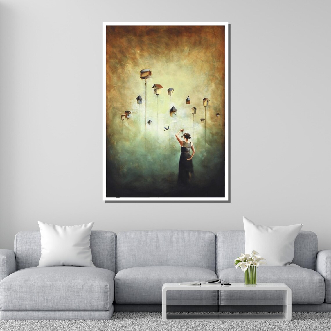 Woman Releasing Bird Among Tall Birdhouses Dreamy Misty Fantasy Wall Art - Image 2