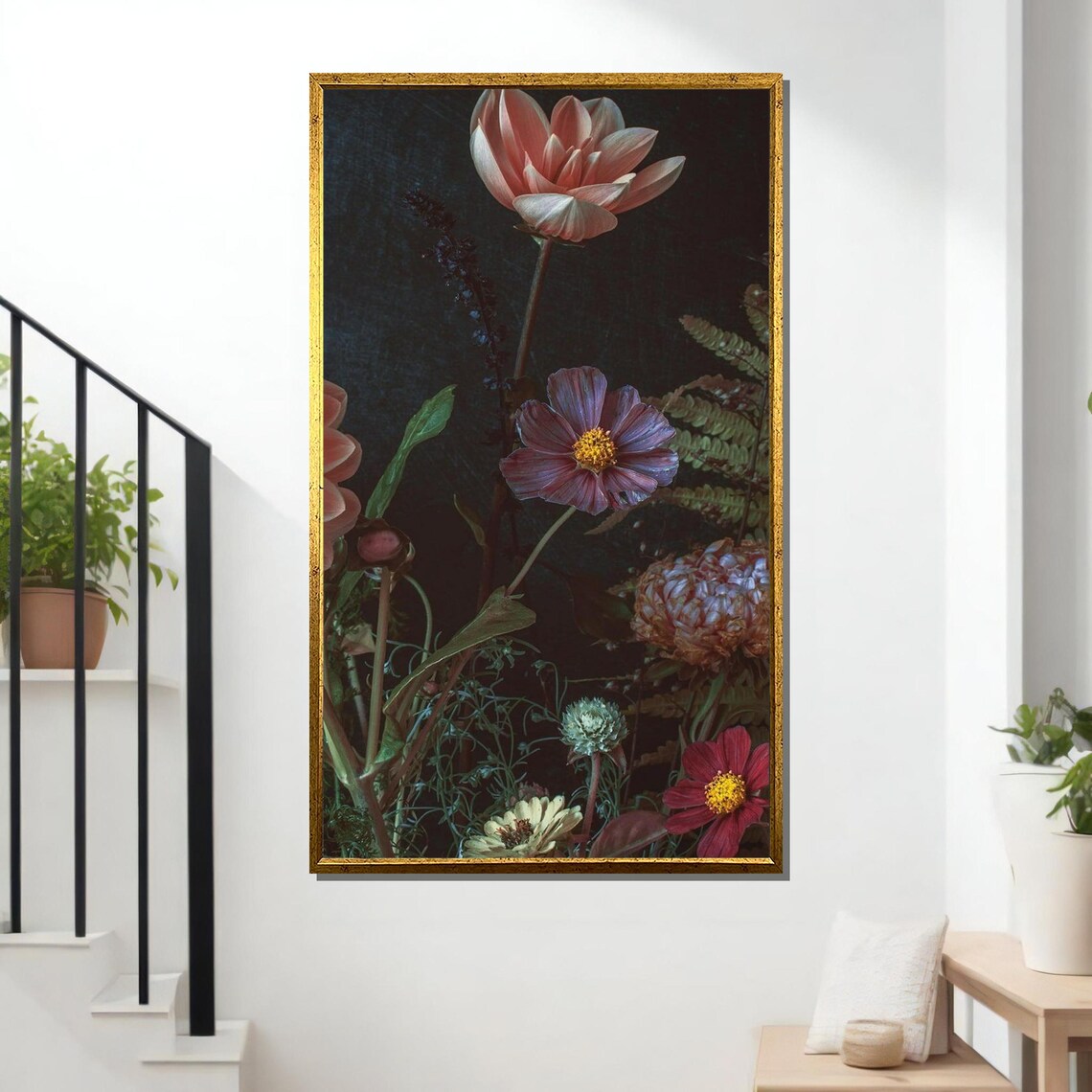 Dark Moody Floral Vintage Botanical Black Background Flower Art Print