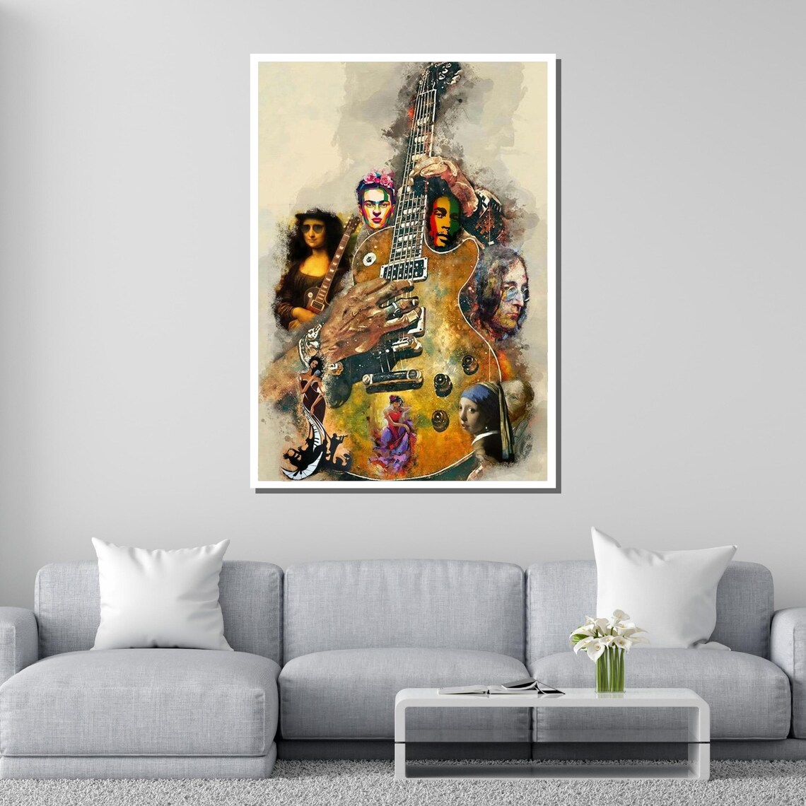 Famous Art Icons Electric Guitar Collage Mona Lisa Frida Kahlo Poster - Image 4
