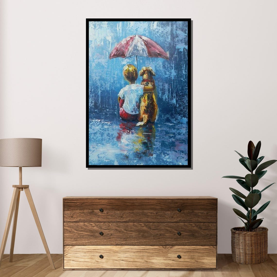 Boy And Dog In The Rain Umbrella Friendship Heartwarming Art Poster
